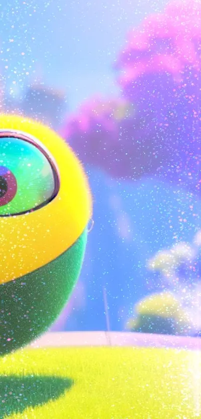 Colorful cartoon monster in a bright forest setting, featuring vibrant colors.
