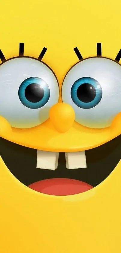 Smiling cartoon face with bright yellow background and blue eyes.