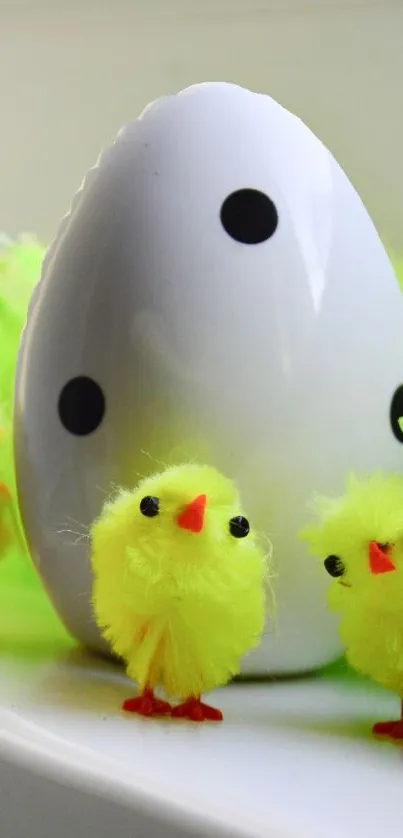 Cute neon yellow chicks with dotted white egg.