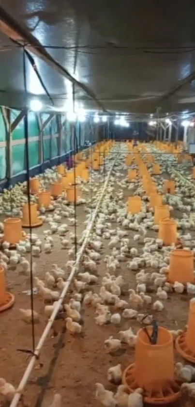 A vibrant indoor chicken farm with numerous chicks and orange feeders.