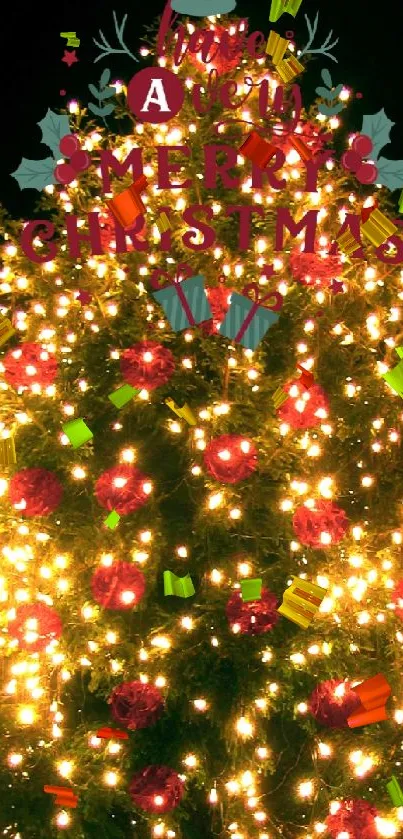 Brightly lit Christmas tree with glowing lights and decorations.