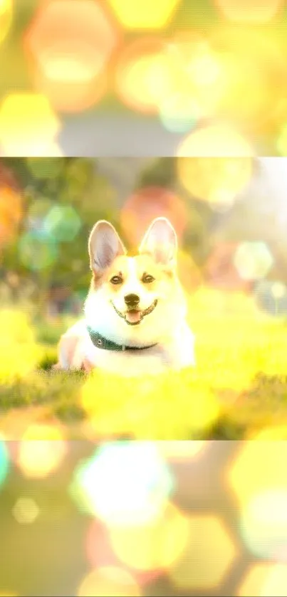 Corgi enjoying a sunlit field with vibrant bokeh background.