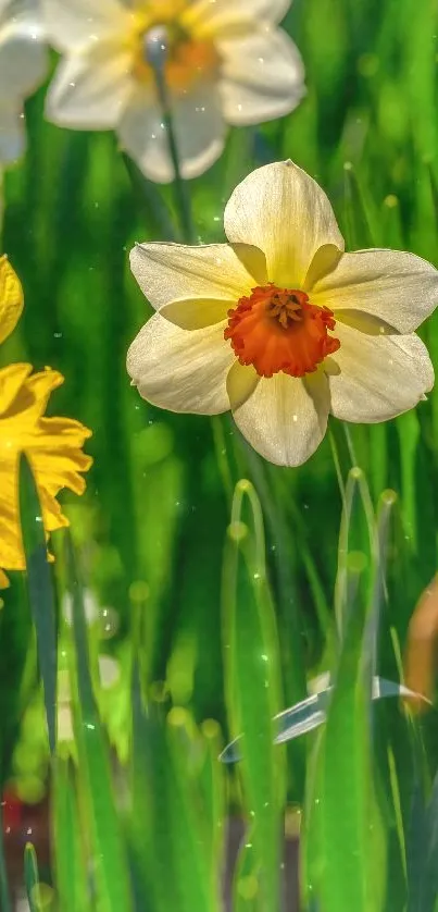 Vibrant spring wallpaper featuring blooming daffodils and lush green grass.