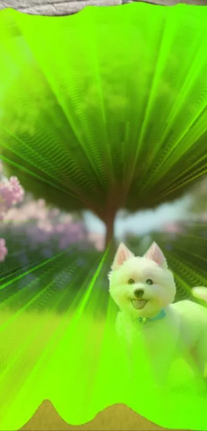 Vibrant wallpaper with cheerful dog in a lush garden and green burst.