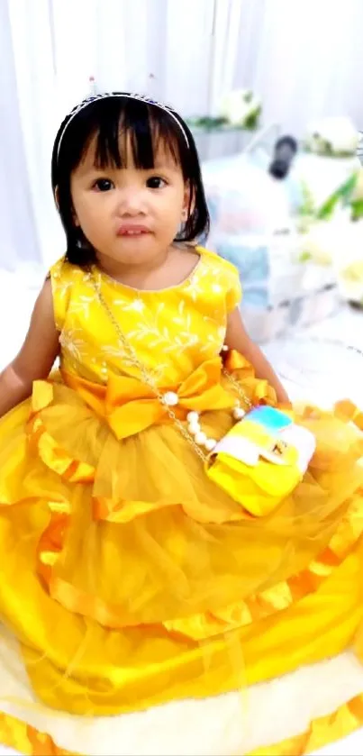 Little girl in a bright yellow dress with a matching bow, sitting indoors.