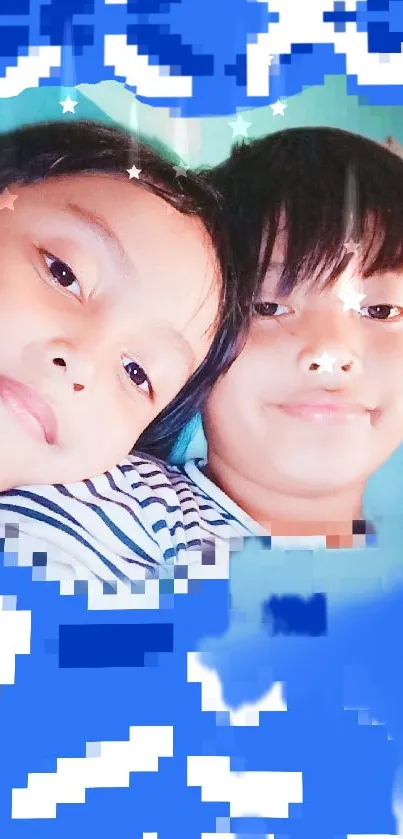 Two kids smiling with a blue pixelated background, perfect for cheerful phone decor.