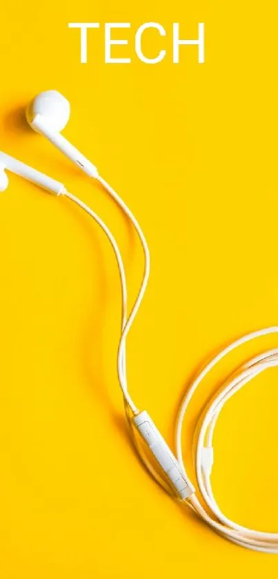 White earphones on vibrant yellow background with 'TECH' text.