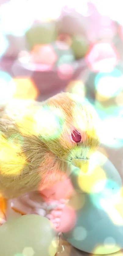 A vibrant Easter chick with colorful bokeh lights and pastel eggs.