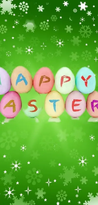 Easter-themed wallpaper with colorful eggs on a green background.