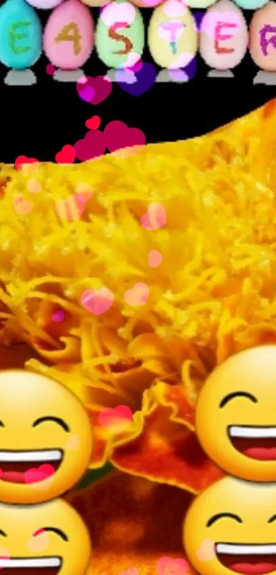 Bright Easter wallpaper with emojis and yellow flower.