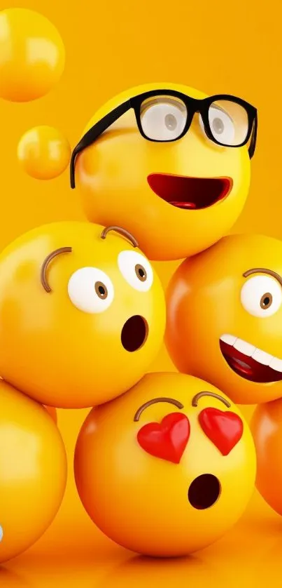 3D emojis with various expressions on a bright yellow background.