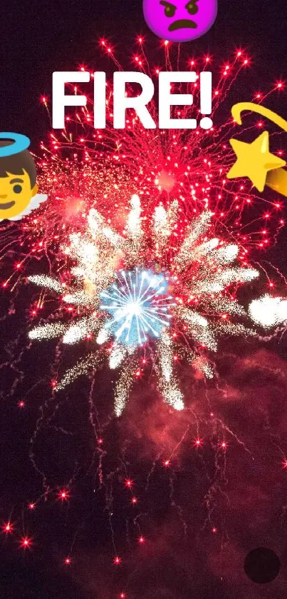 Vibrant fireworks and emojis light up the night sky.