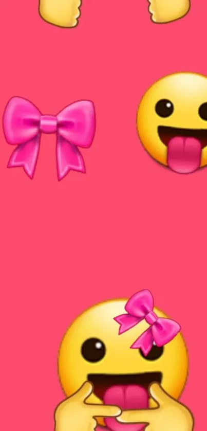 Pink background with playful emojis and bows for mobile wallpaper.