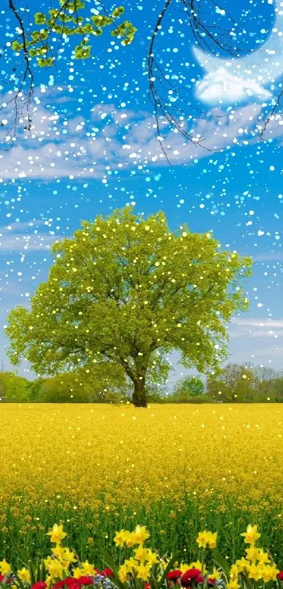 Yellow field with a tree under a blue sky, featuring spring blossoms.