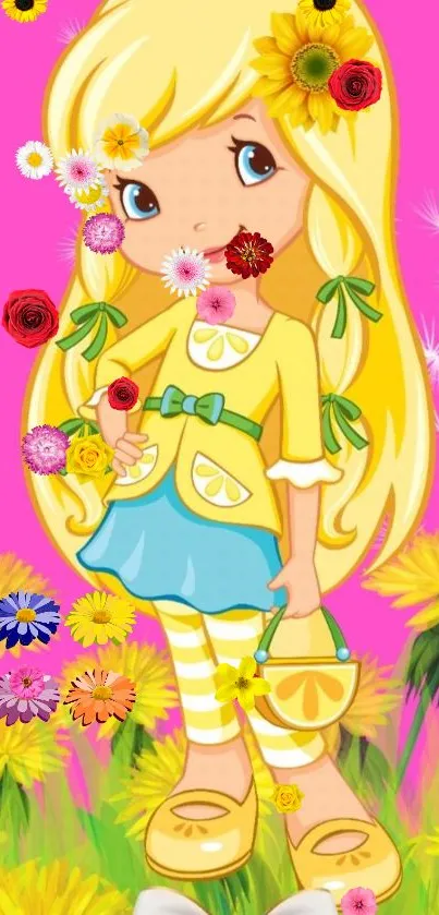 Colorful cartoon girl in a floral scene with a bright pink background.