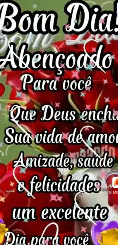 Colorful floral wallpaper with red roses and motivational text in Portuguese.