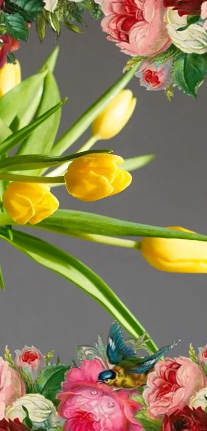 Floral mobile wallpaper with yellow tulips and vibrant colorful border.