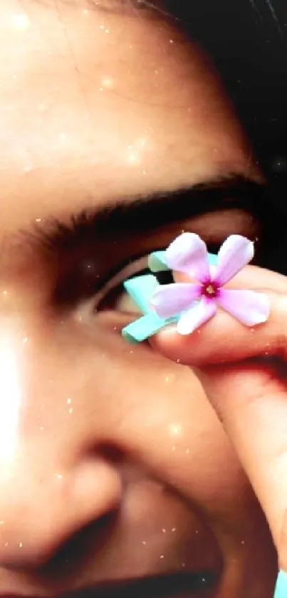 Close-up of a person holding a small purple flower with a dark background.