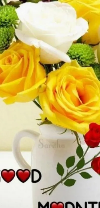 Good morning floral wallpaper with yellow roses and white vase.