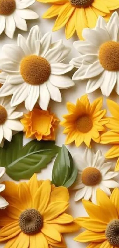 Bright daisies and sunflowers wallpaper with lush green leaves.