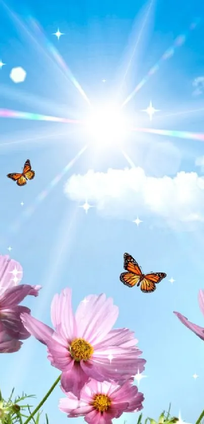 Blue sky with pink flowers and butterflies in bright sunlight.