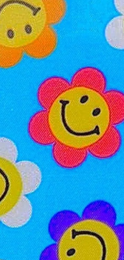 Colorful flower smiley face wallpaper on sky blue background.