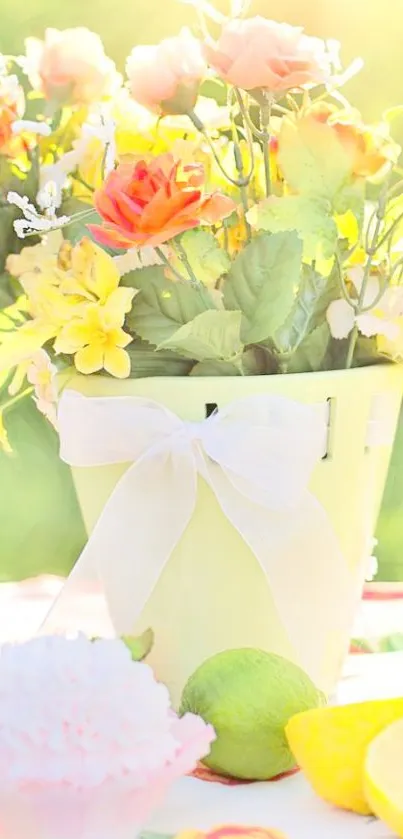 Soft pastel floral arrangement in a pot with lemons.