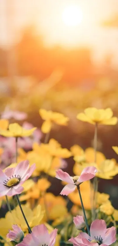 Sunset over vibrant flower field with pink and yellow blooms.