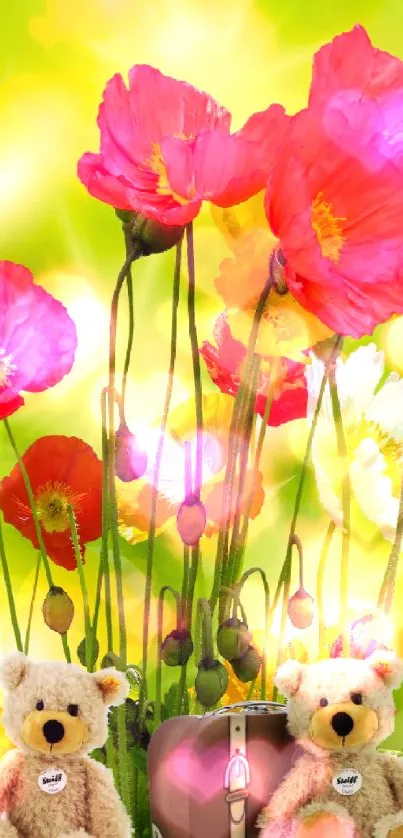 Teddy bears with poppies on a bright green background.