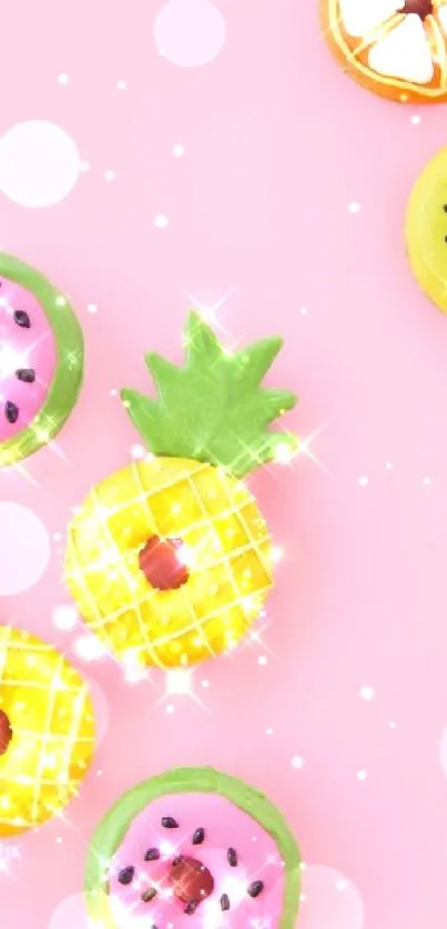 Vibrant fruit-themed phone wallpaper with pink background.