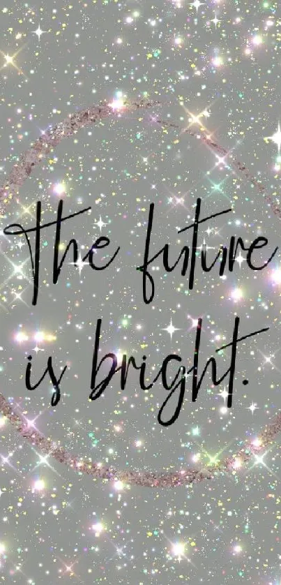 Inspirational glitter wallpaper with 'The future is bright' text.