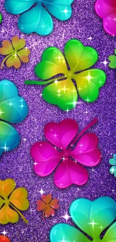 Vibrant clover leaves on a purple glitter background.