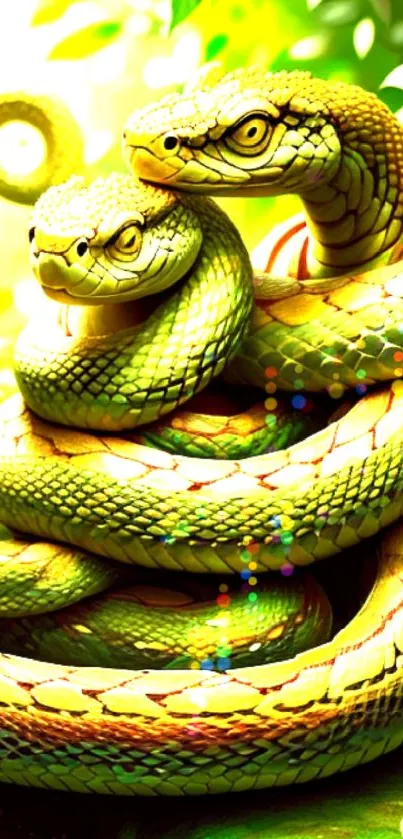 Two intertwined green snakes in vivid lush jungle setting.