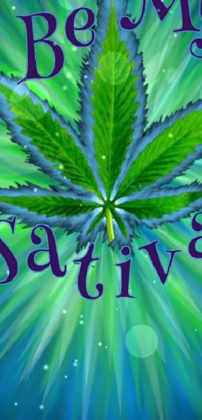 Vibrant sativa leaf with blue and green hues on mobile wallpaper.