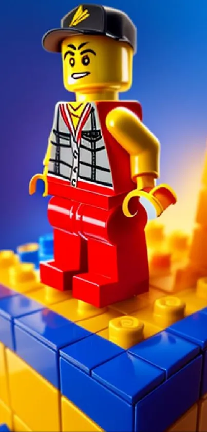 LEGO character on vibrant yellow and blue block structure.