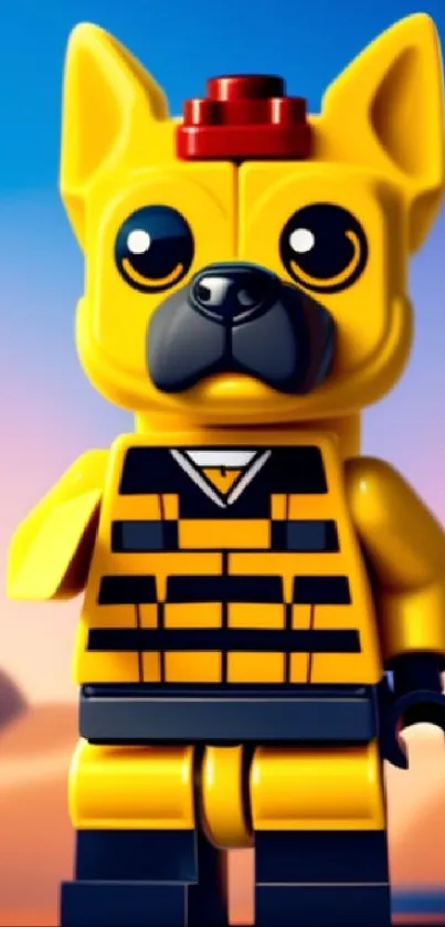 Lego-inspired dog figurine with a bright yellow design against a desert backdrop.