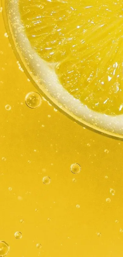 Lemon slice floats on a vibrant yellow backdrop, with small bubbles around.