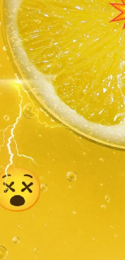 Vibrant lemon slice with shocked emoji on a bubbly yellow background.
