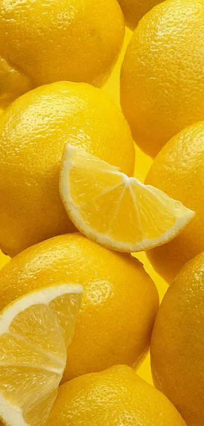 Bright yellow lemons with fresh slices on display.