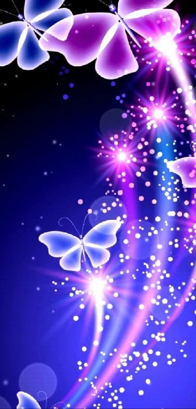 Neon butterflies on a glowing blue background with vibrant purple accents.