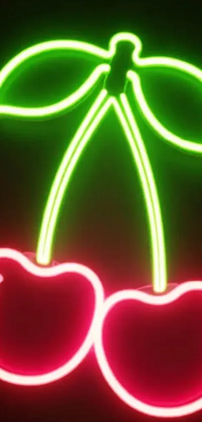 Neon cherries with leaves on black background