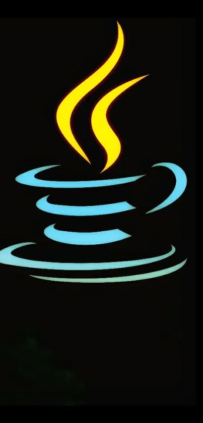 Neon coffee cup with colorful steam on black background.