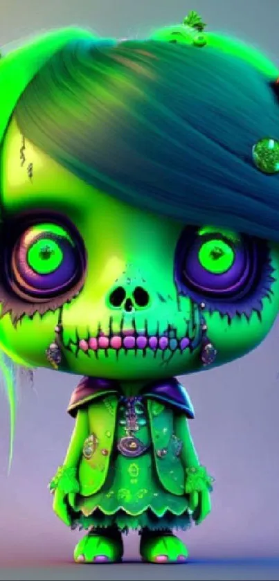 Vibrant neon green cartoon character with unique artistic style.