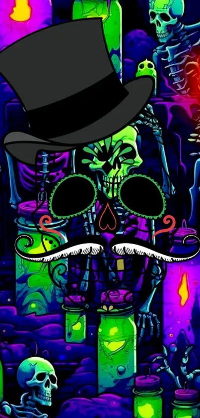 Neon skeletons with top hat in colorful design wallpaper.