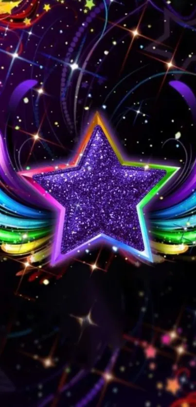 Colorful neon star with vibrant glow on dark background.