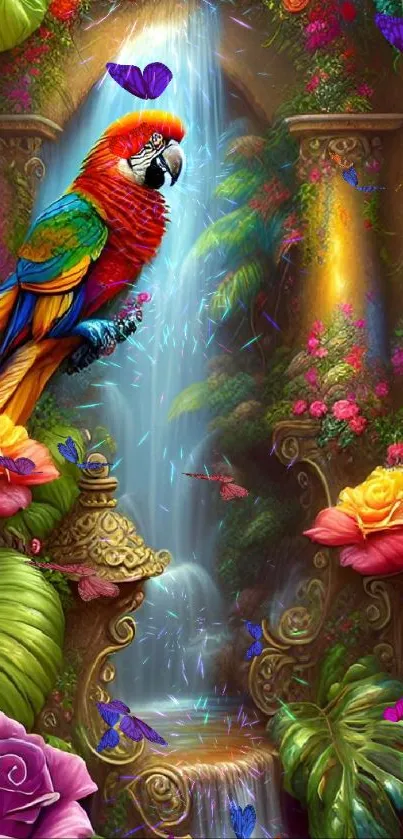 Vibrant tropical wallpaper with parrot, colorful flowers, and waterfall.