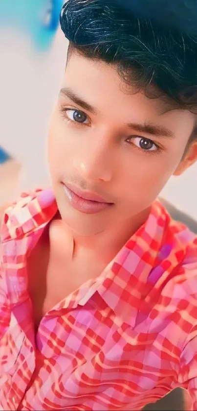 Young person in pink checkered shirt portrait.