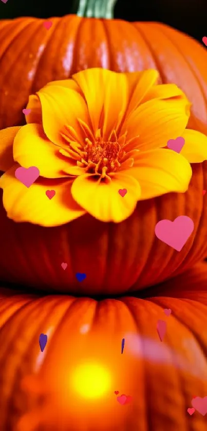 Orange pumpkin with a vivid yellow flower on top.