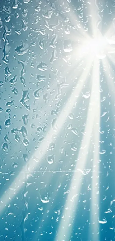 Mobile wallpaper with raindrops and bright sunlight on a blue background.