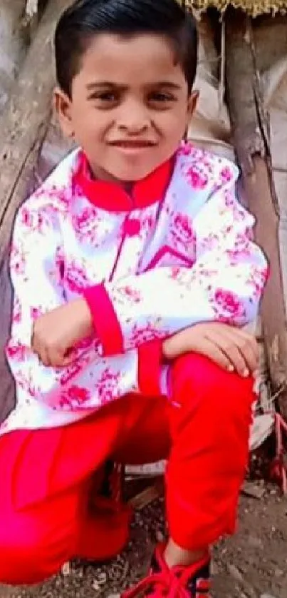 Boy in red outfit against rustic background.